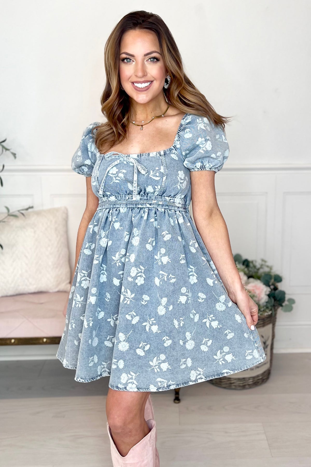 Lily Floral Washed Denim Short Sleeve Dress - Chambray/Small
