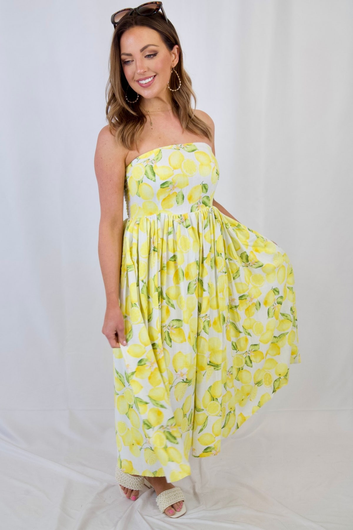 Strapless Lemon-Print Midi Dress M Strapless Lemon-Print Midi Dress M