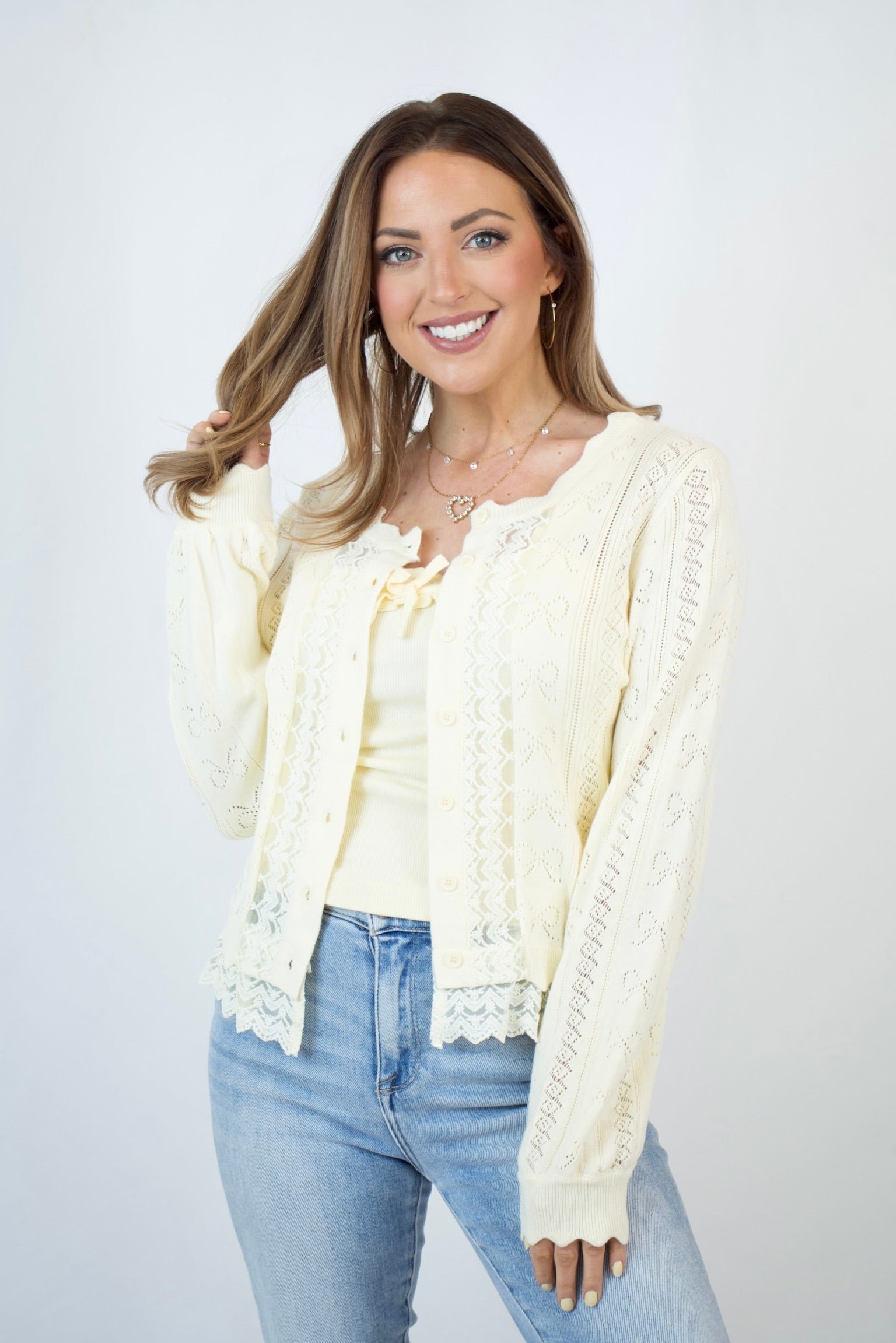 Alyssa Pointelle Lace Detail Cardigan | Much Ado Boutique 