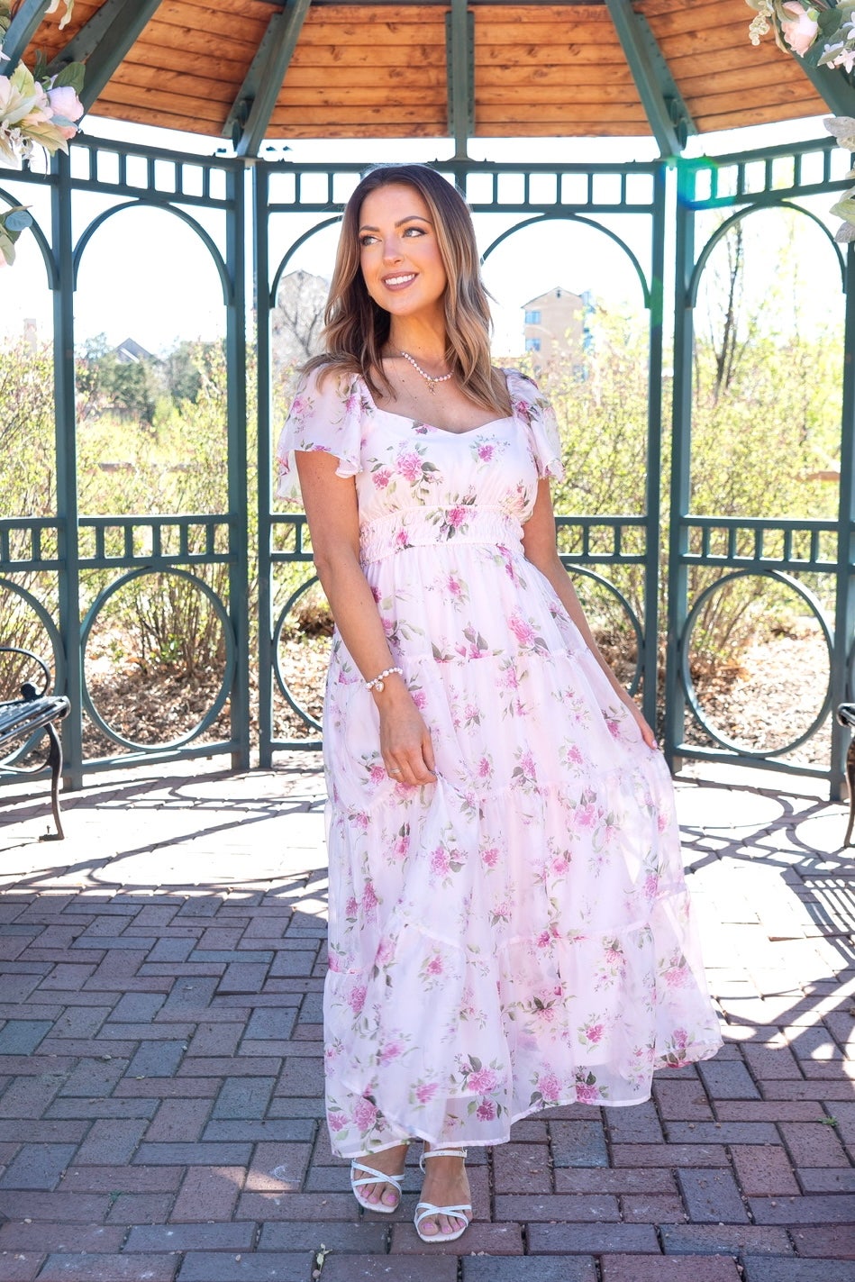 flower chiffon dress Balloon Sleeve Pleated Flowing Floral Chiffon A-line Wedding Dress