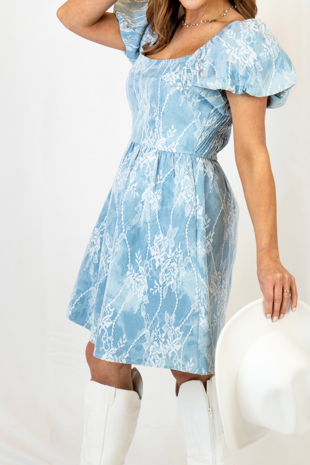 Margaret Lace Overlay Denim Puff-Sleeve Dress - denim/small Margaret Lace Overlay Denim Puff-Sleeve Dress - denim/small