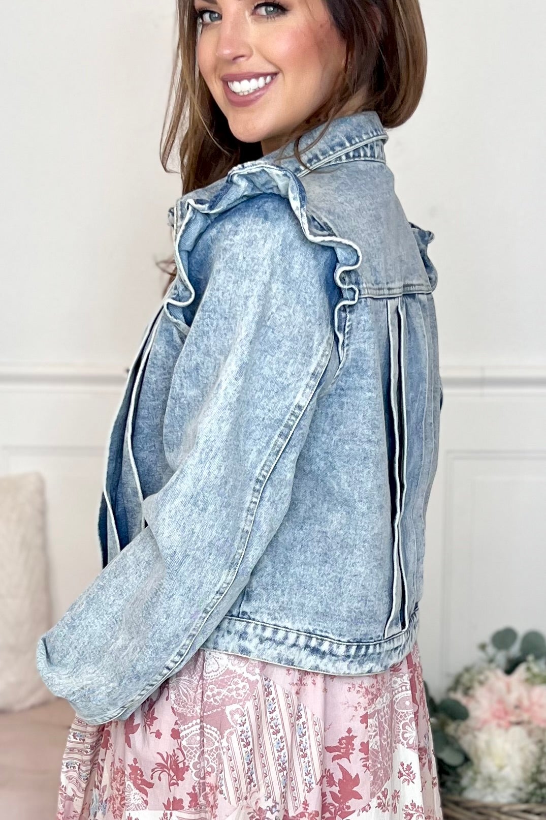Colette Shoulder Ruffle Denim Jacket | Much Ado Boutique | Women's