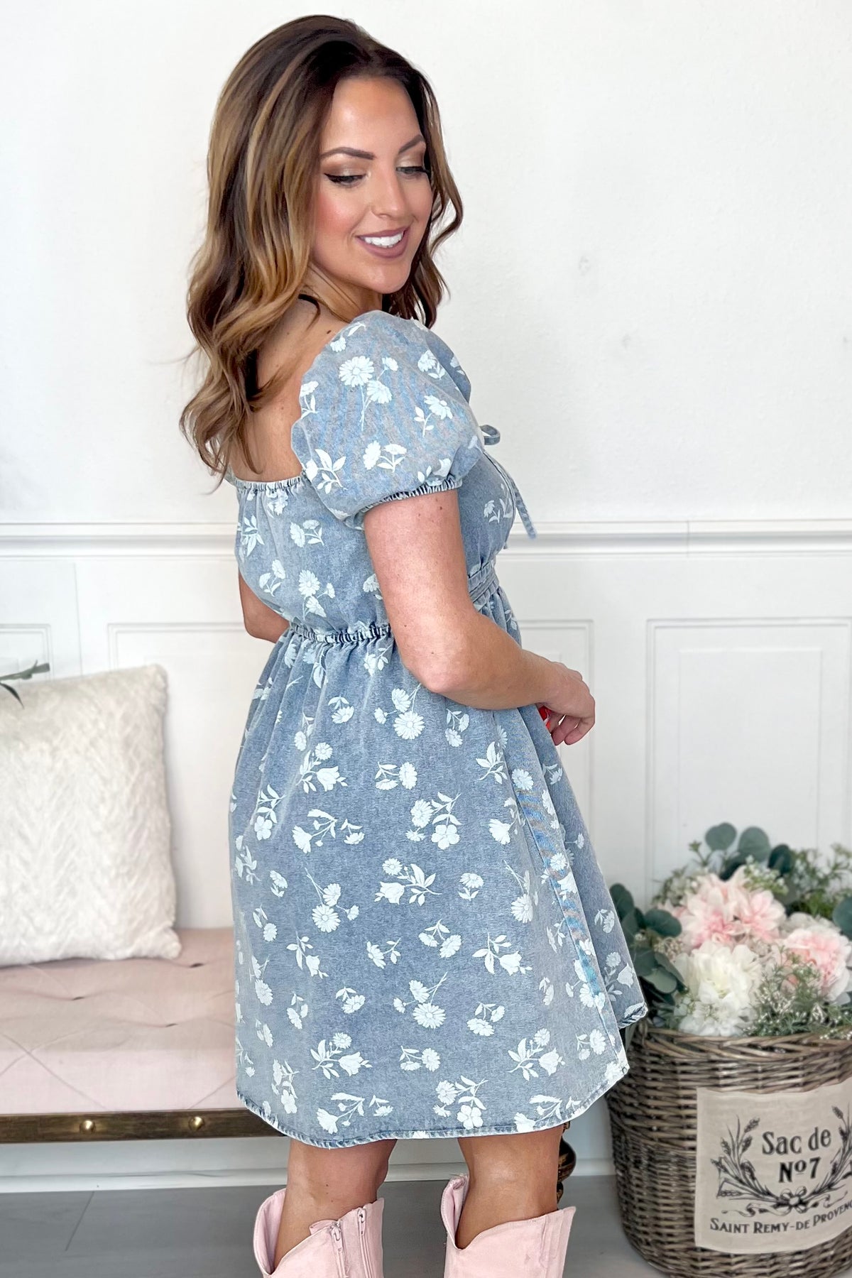 Floral Washed Denim Short Puff Sleeve Mini Dress | Chambray Small Floral Washed Denim Short Puff Sleeve Mini Dress | Chambray Small