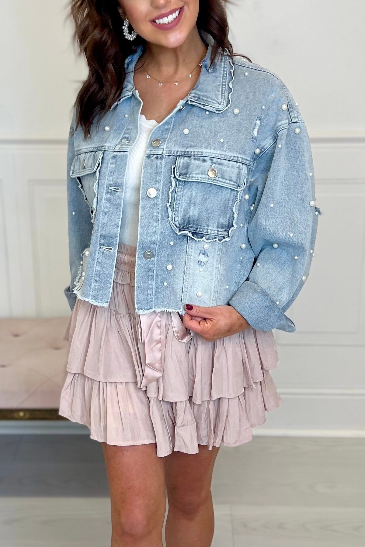 Bella Scalloped Pearl Denim Jacket Much Ado Boutique Women's