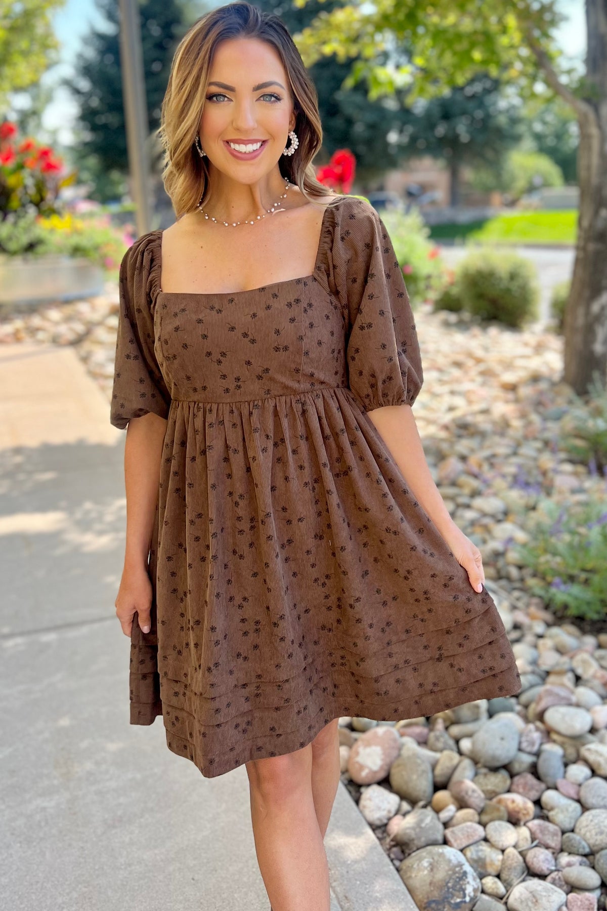 Riley Floral Corduroy Puff Sleeve Dress - Mocha/Small