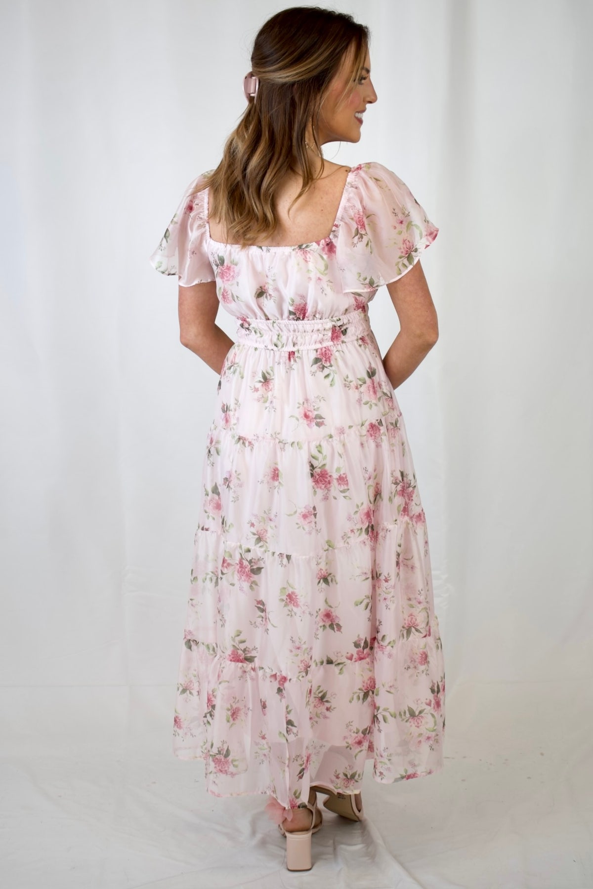 Floral Chiffon Flounce Sleeve Shirred Midi Dress | Pink Small