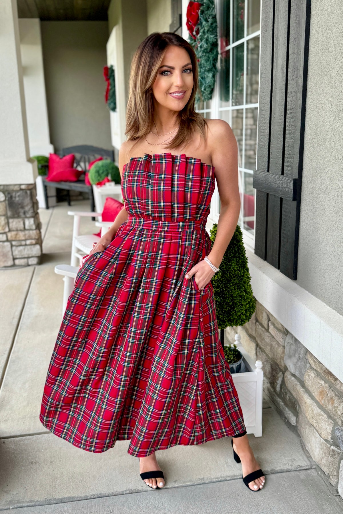 red plaid strapless dress Genevieve Pleated Plaid Strapless Dress | Much Ado Boutique