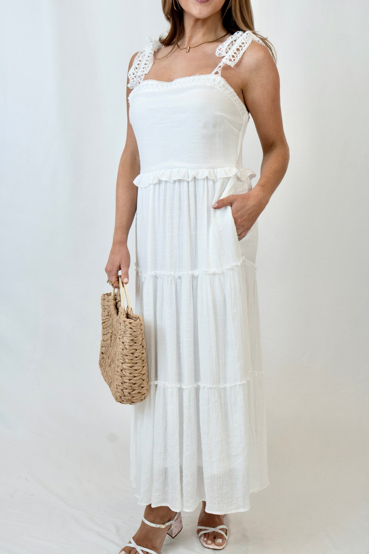 smocked lace dress Aspen Smocked Lace Maxi Dress Off-White