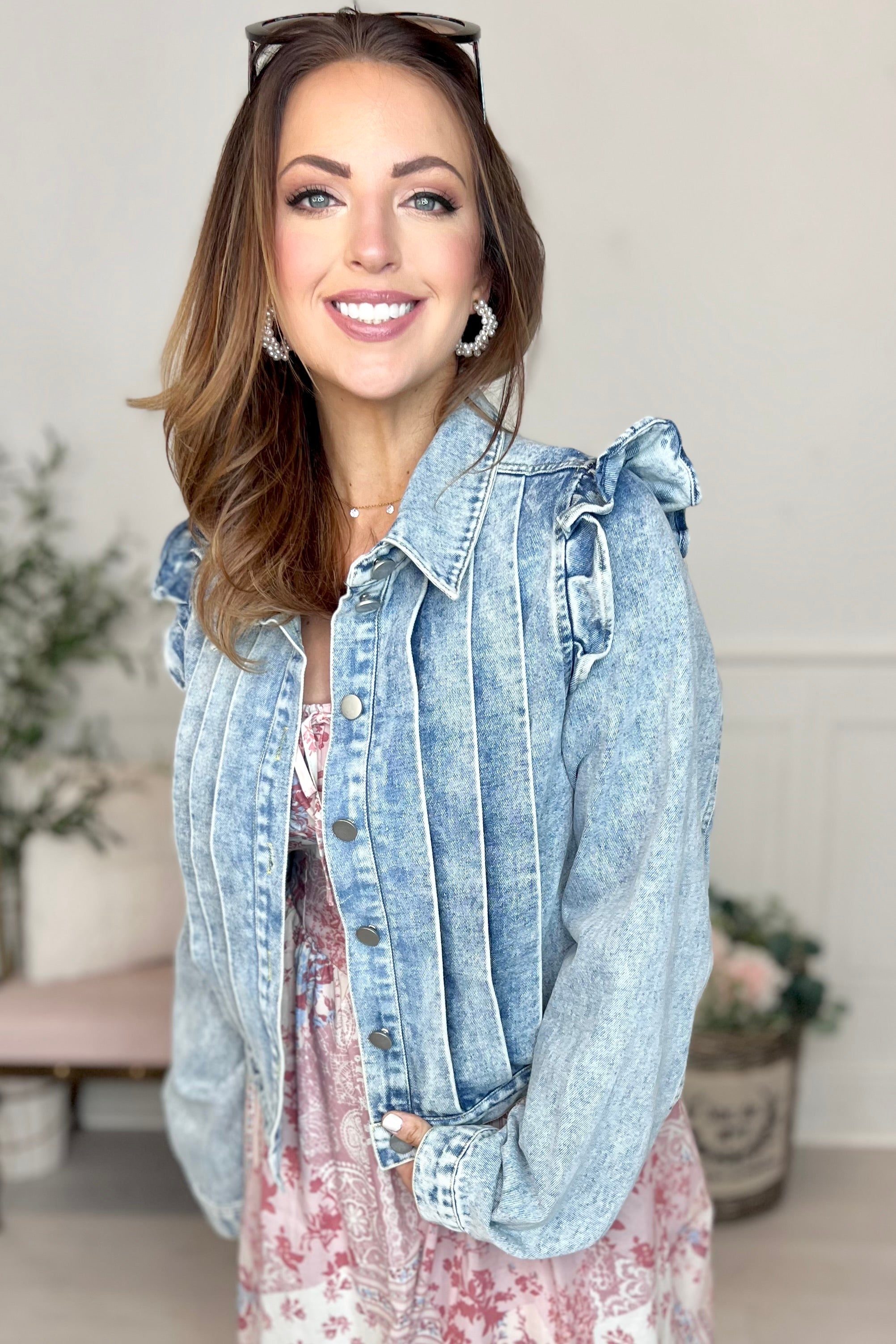 Colette Shoulder Ruffle Denim Jacket | Much Ado Boutique | Women's