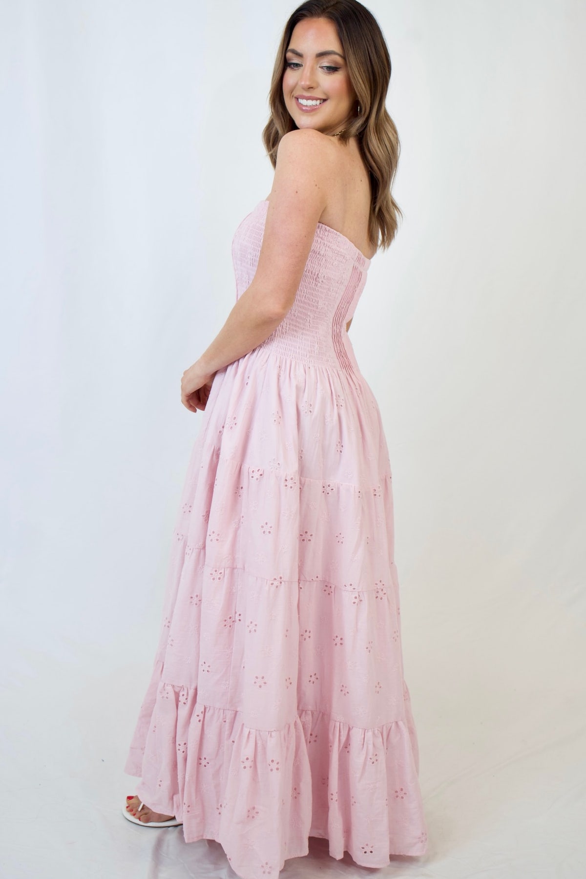 macey formal dresses Macey Strapless Eyelet Detailed Dress