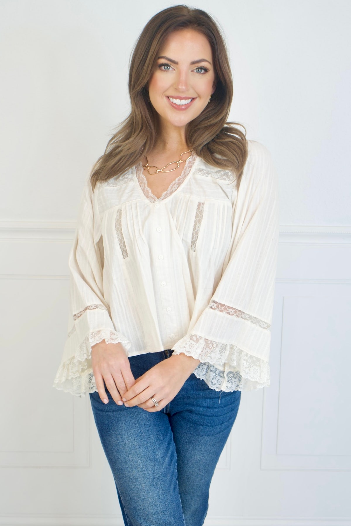 Heidi Textured Stripe Lace Trim Pleated Top | Much Ado Boutique