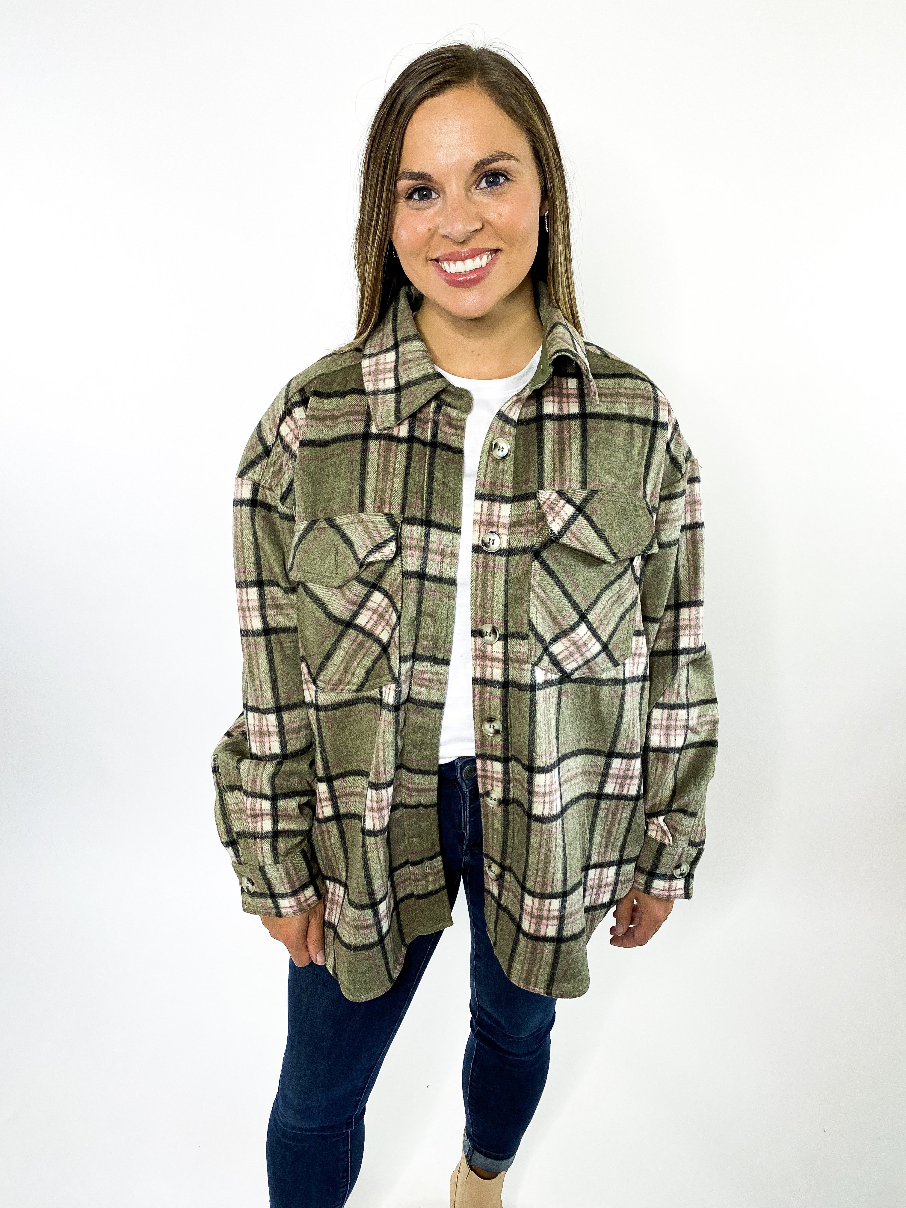 Oversized Plaid Shacket - Olive Green 