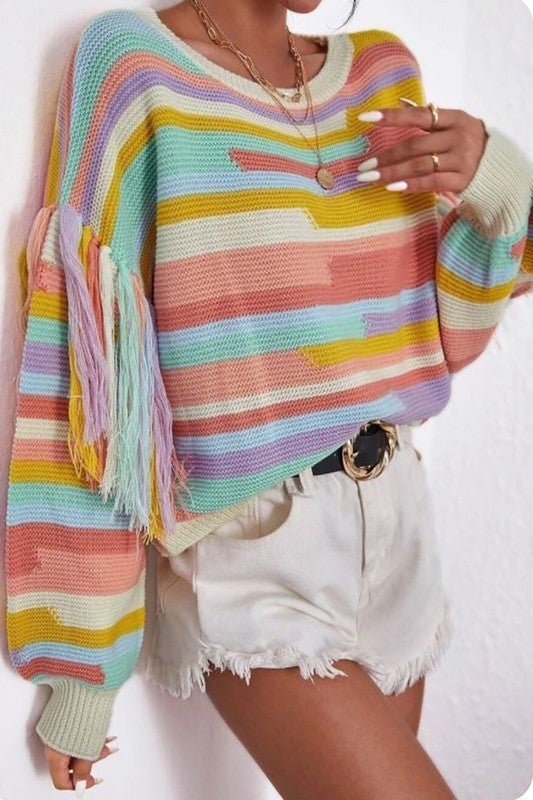 Color Block Tassel Trim Drop Shoulder 
