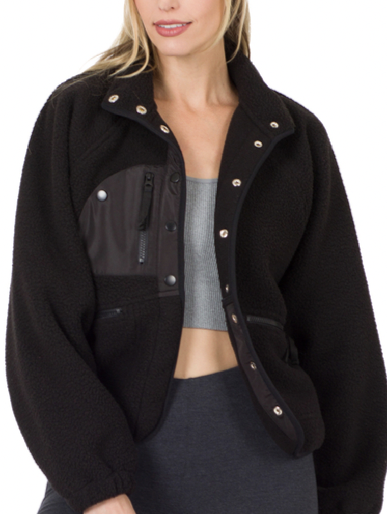 Black Snap Button Fleece Jacket | XS to 