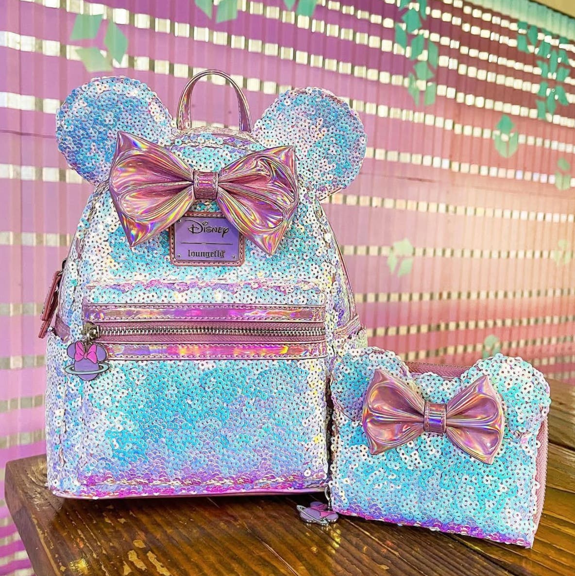 RARE Loungefly Disney Planet Minnie UV Reactive Pink Iridescent Sequin  Backpack Wallet