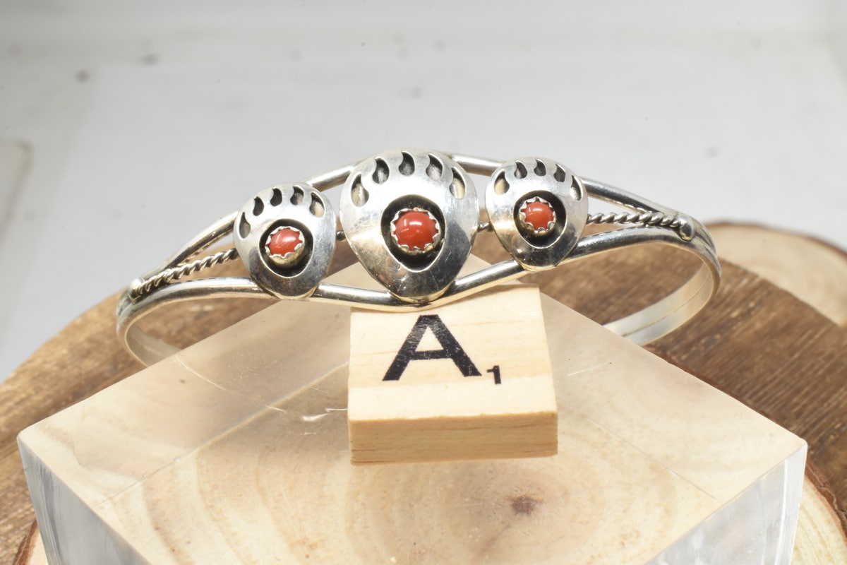 Natural Red Coral Zuni Bear Paw Shadow-Box Cuff Bracelet | Ruidoso 