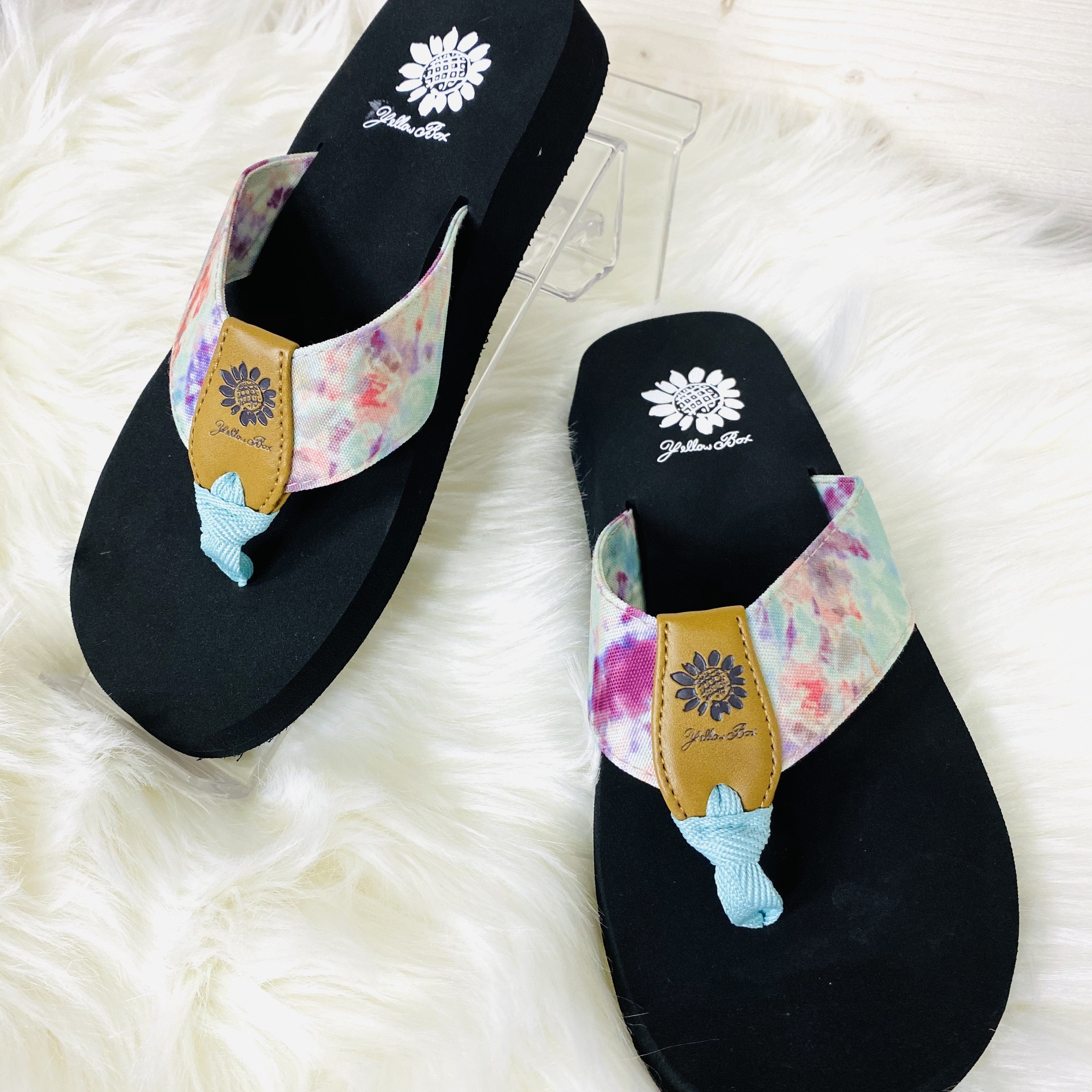 yellow box tie dye flip flops