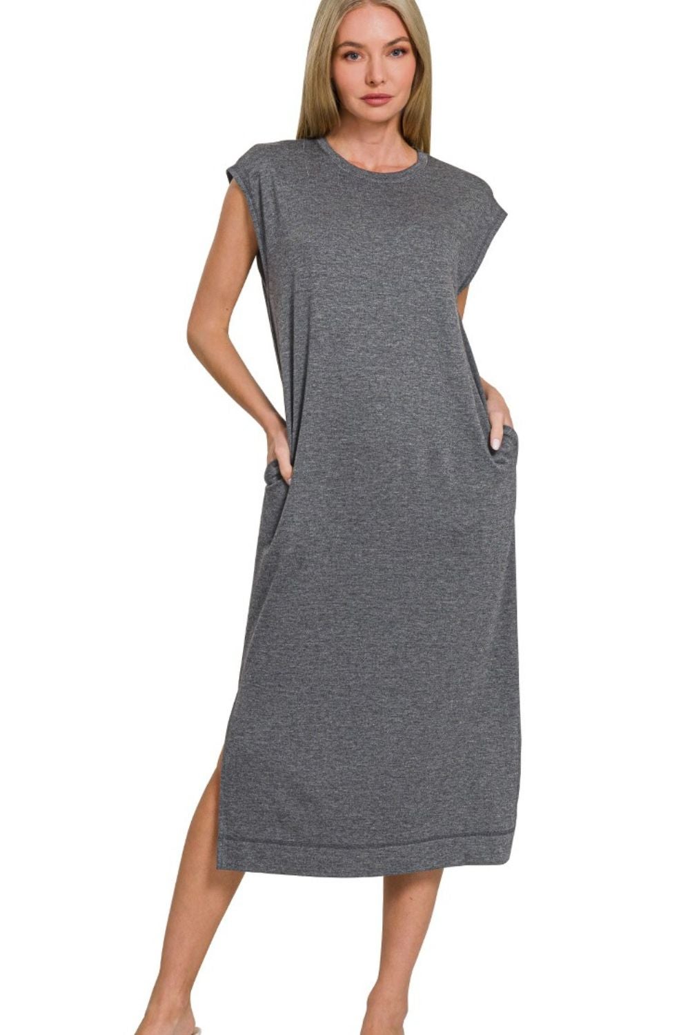 knee length dresses for ladies ZENANA Charcoal Long Sleeve Knit Midi Dress – Beach Rose Co main image 1