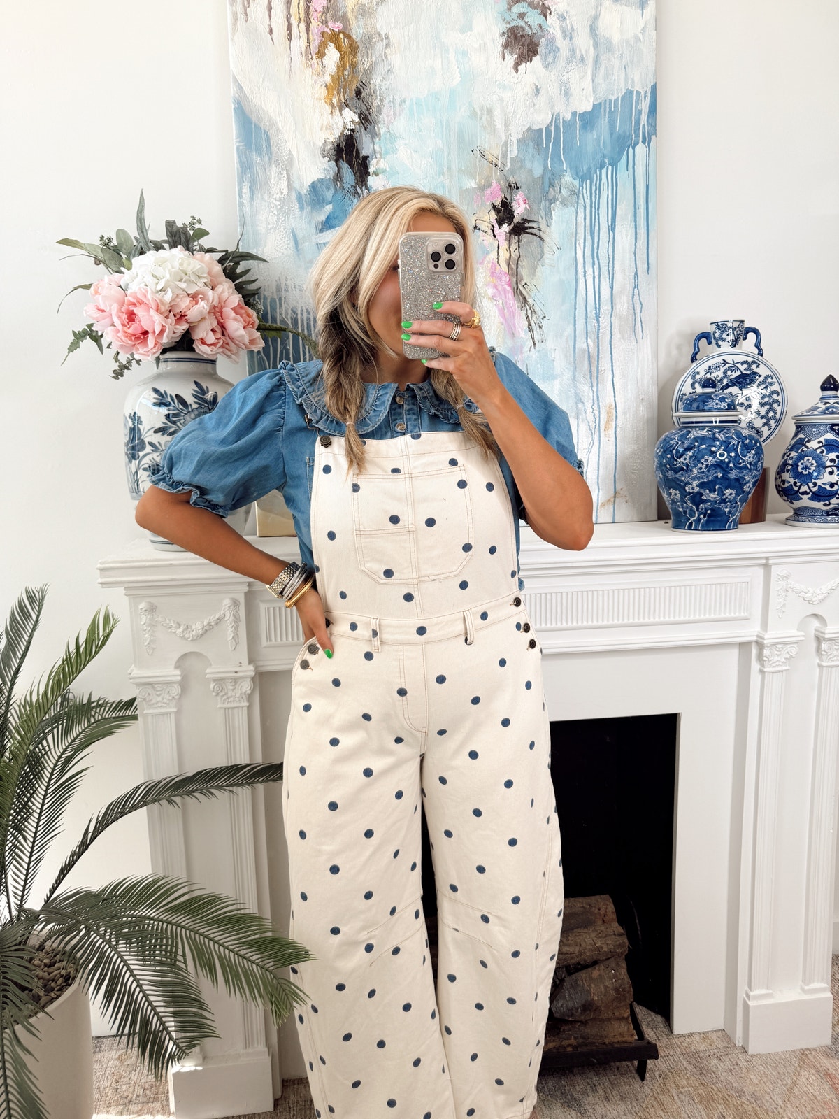 パンツ DOTS LOGO OVERALLS Dots collective size1 Cream/Navy Polka Dot Printed Denim Barrel Overalls | Fly Boutique