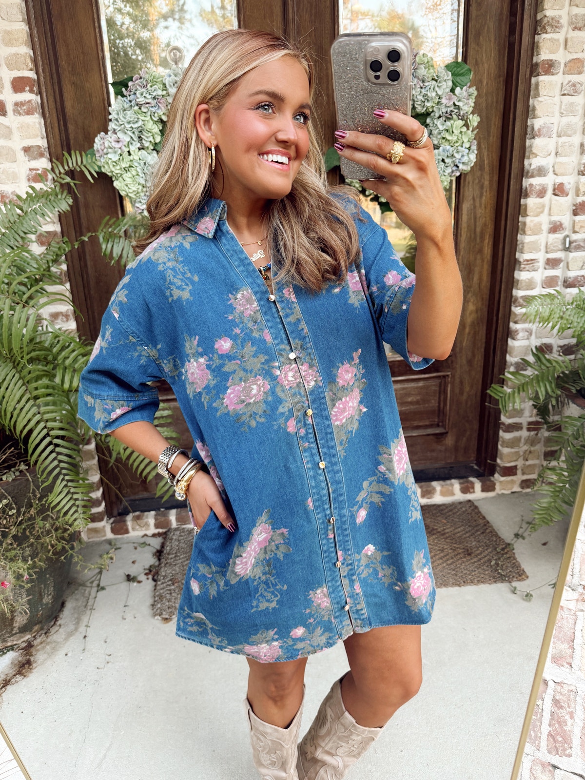 Entro Denim Floral Print Elbow-Length Sleeve Shirt Dress | Fly Boutique Entro Denim Floral Print Elbow-Length Sleeve Shirt Dress | Fly Boutique