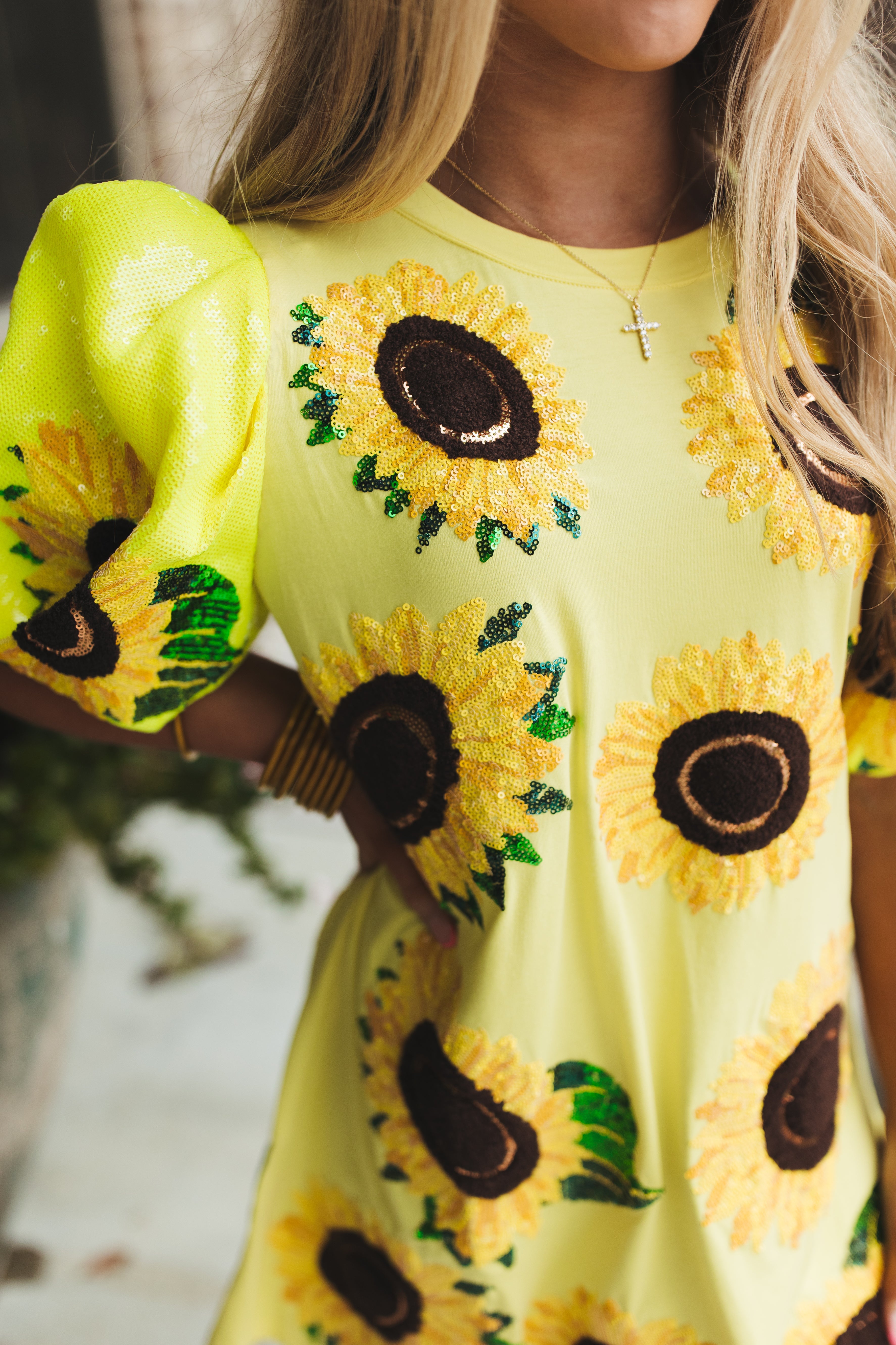 Queen Of Sparkles Yellow Sunflower Poof Sleeve Tee Dress | Fly