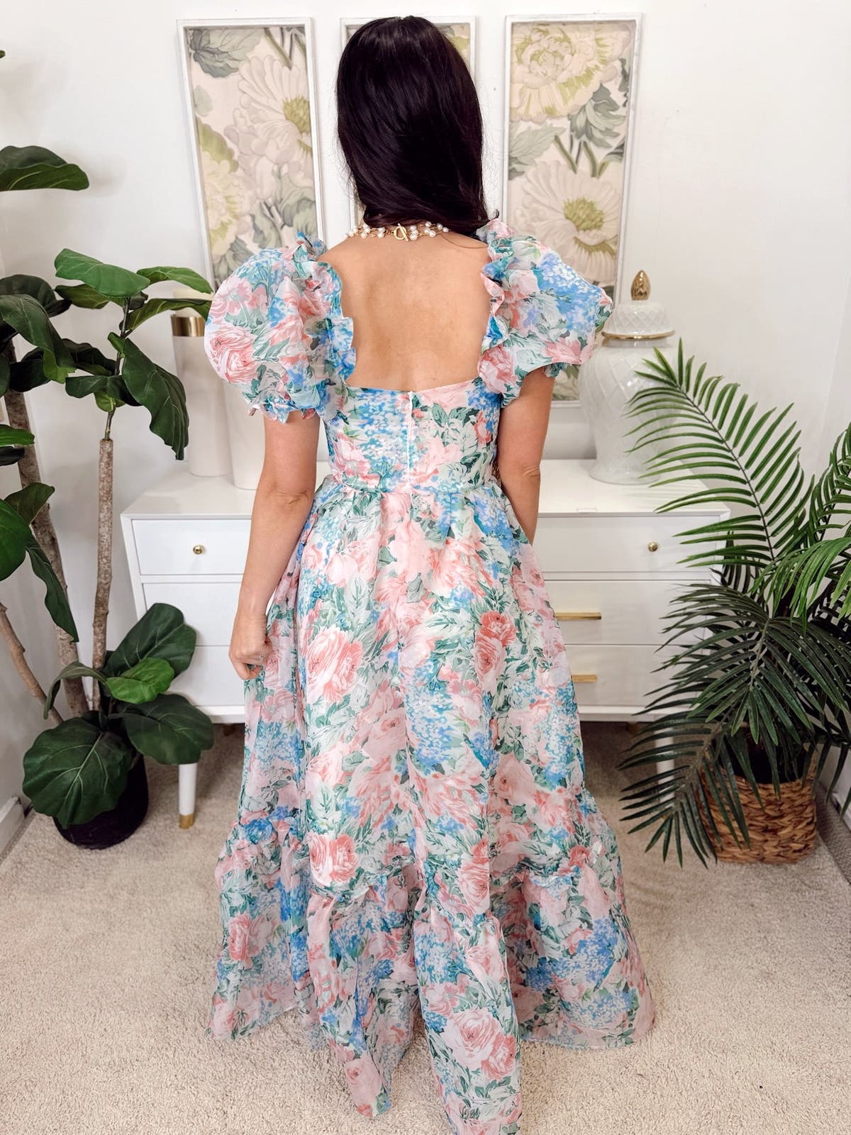beulah pink dress Beulah Pink and Blue Floral Organza Puff Sleeve Maxi Dress