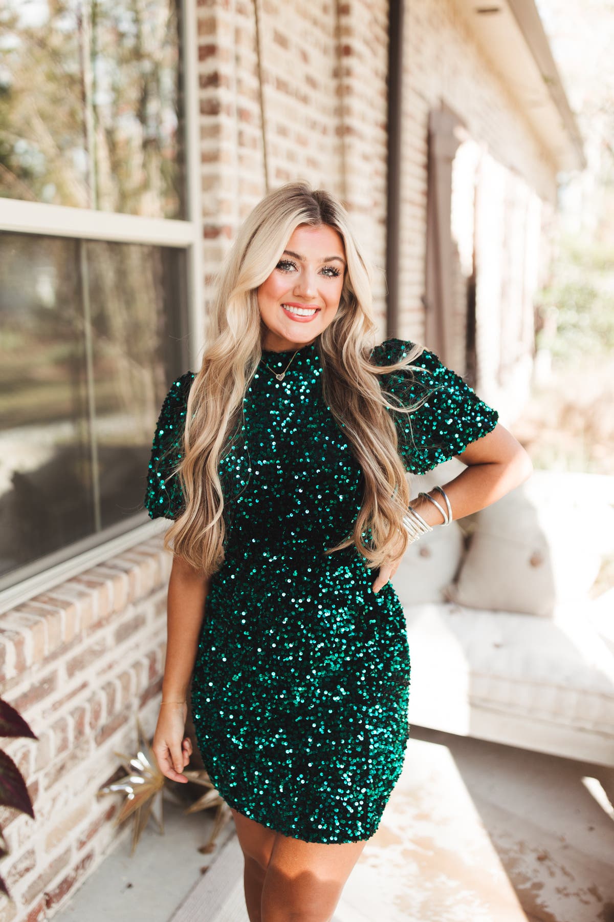 Karlie Emerald Sequin Puff Sleeve Mock Neck Dress
