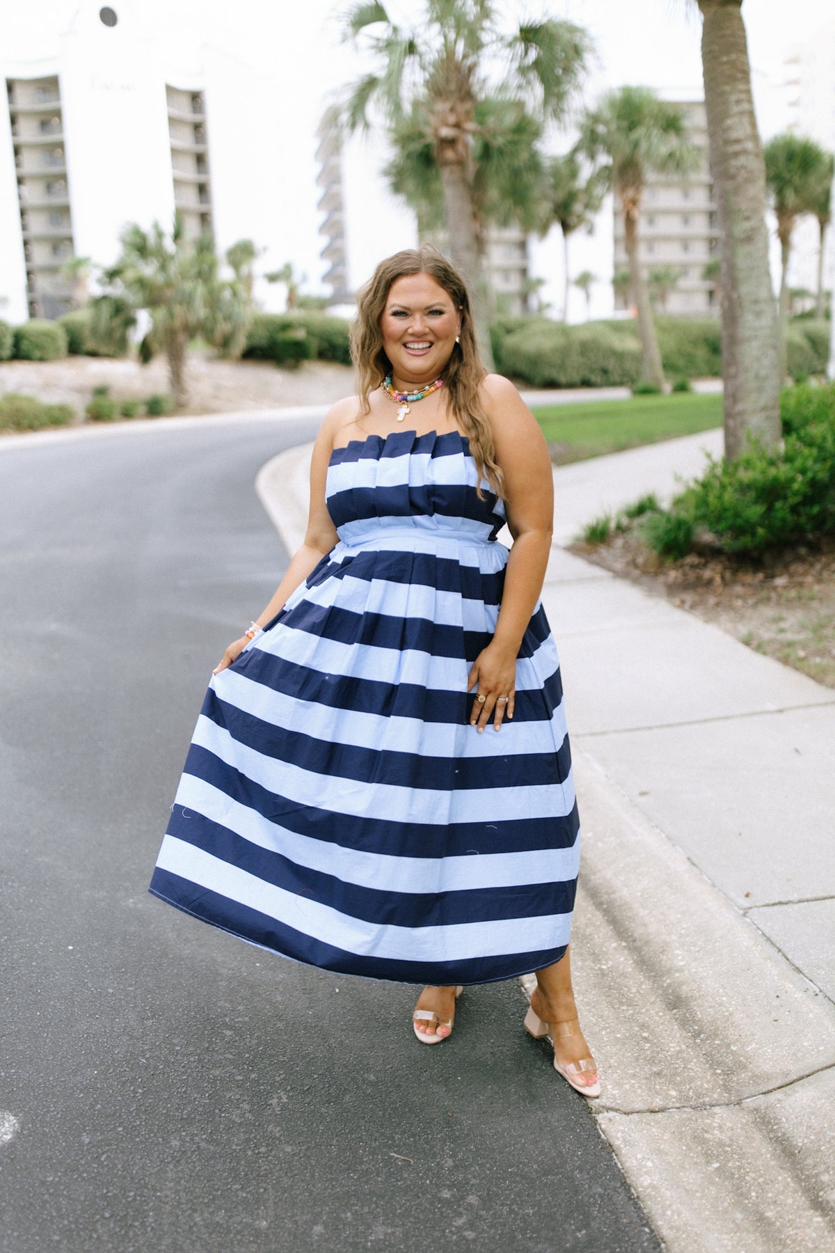 Entro Blue Stripe Print Strapless Pleated Midi Dress | Fly Boutique