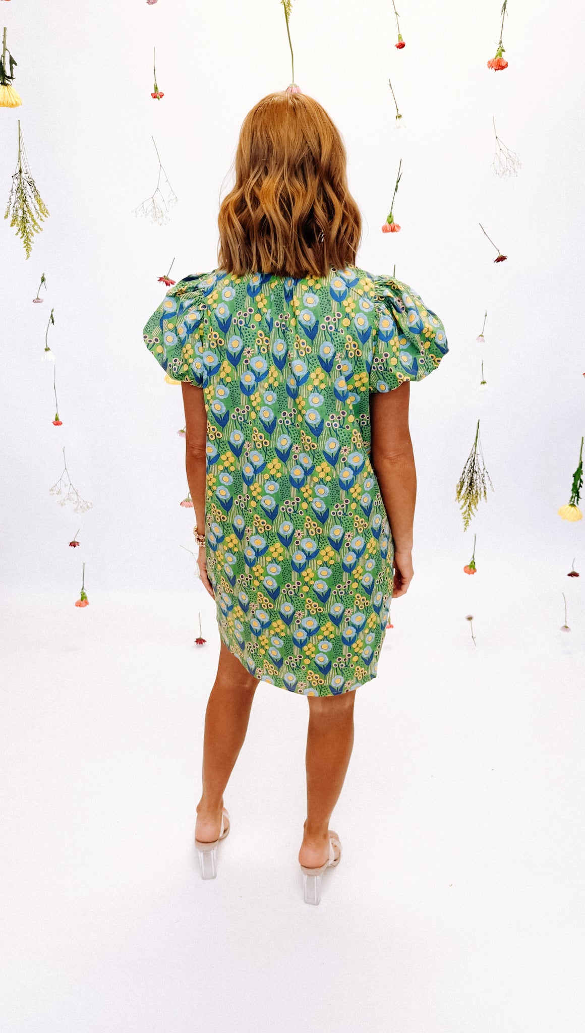 Entro Green Floral Print Bubble Sleeve Mini Dress | Fly Boutique
