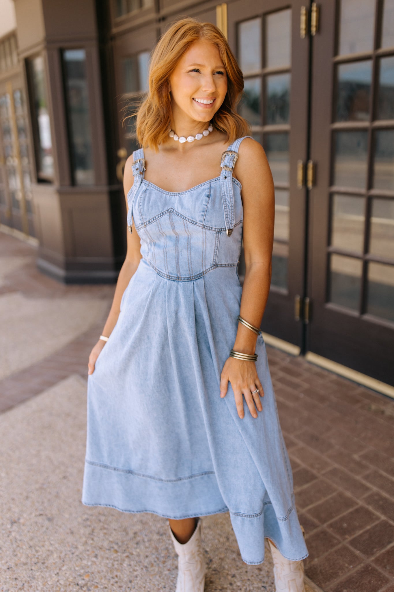 white christmas dresses Light Wash Denim Buckle Strap Corset Midi Dress