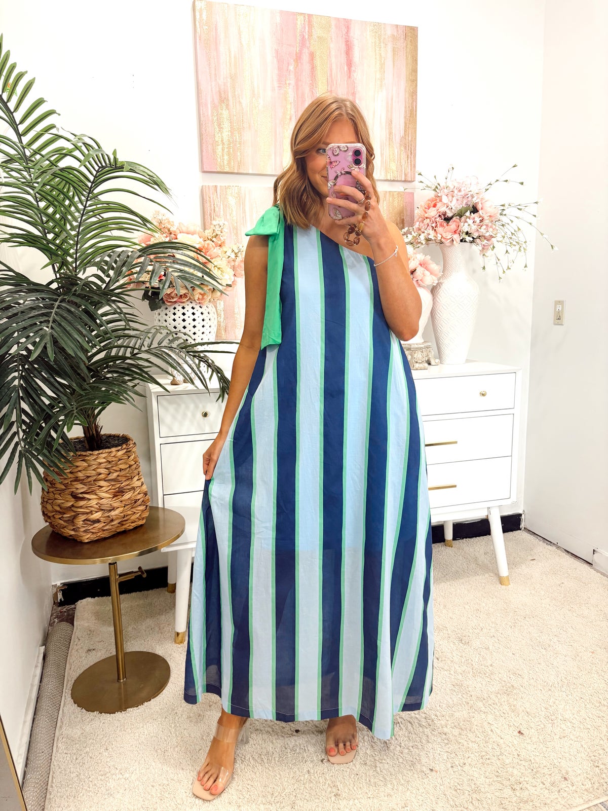 Entro Blue Green Stripe Pattern Bow Accented One Shoulder Maxi Dress Entro Blue Green Stripe Pattern Bow Accented One Shoulder Maxi Dress