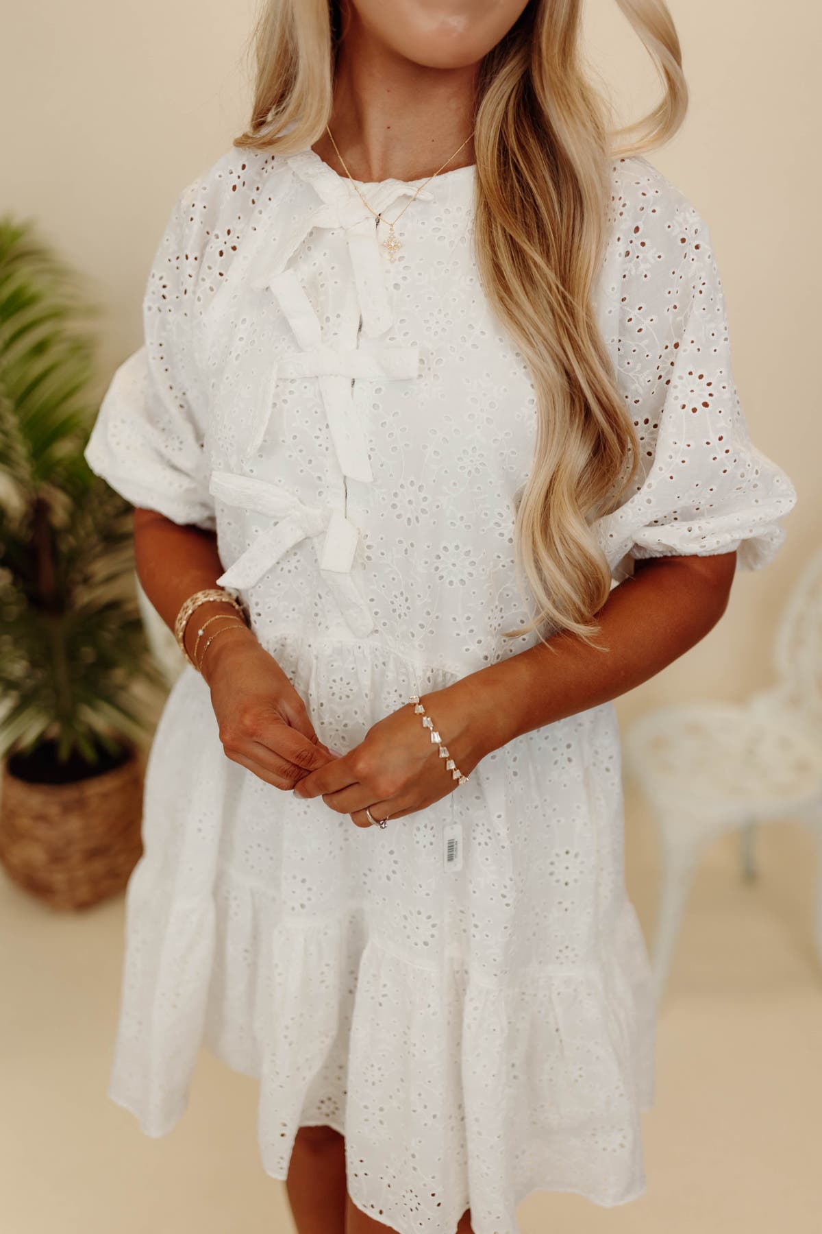 Karlie White Eyelet Bow Tier Dress | Fly Boutique