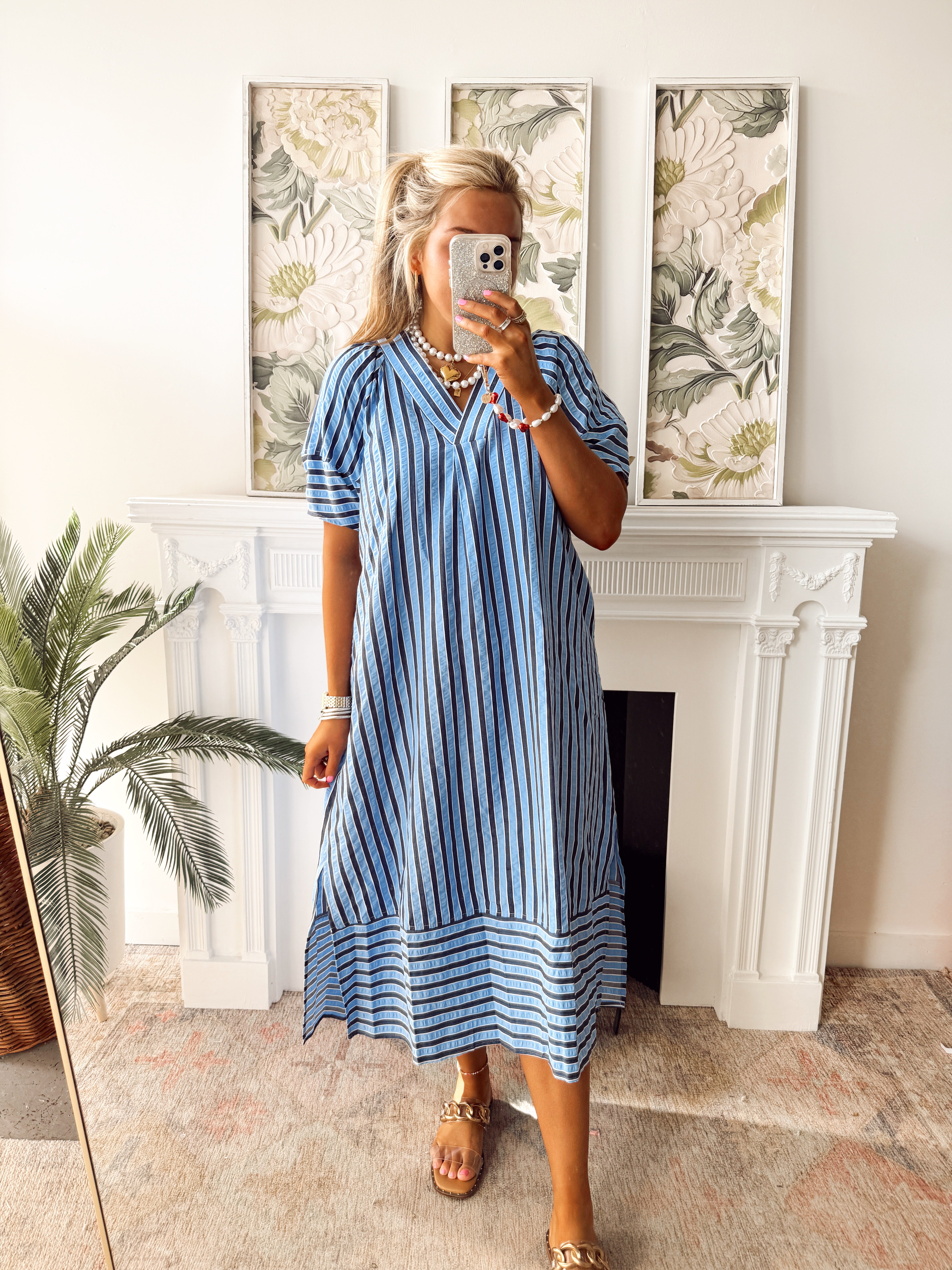 AUROLA Black & Blue Stripe Dress Mサイズ Vampire Blues Blue and Black Gothic Prairie Midi Maxi Dress by