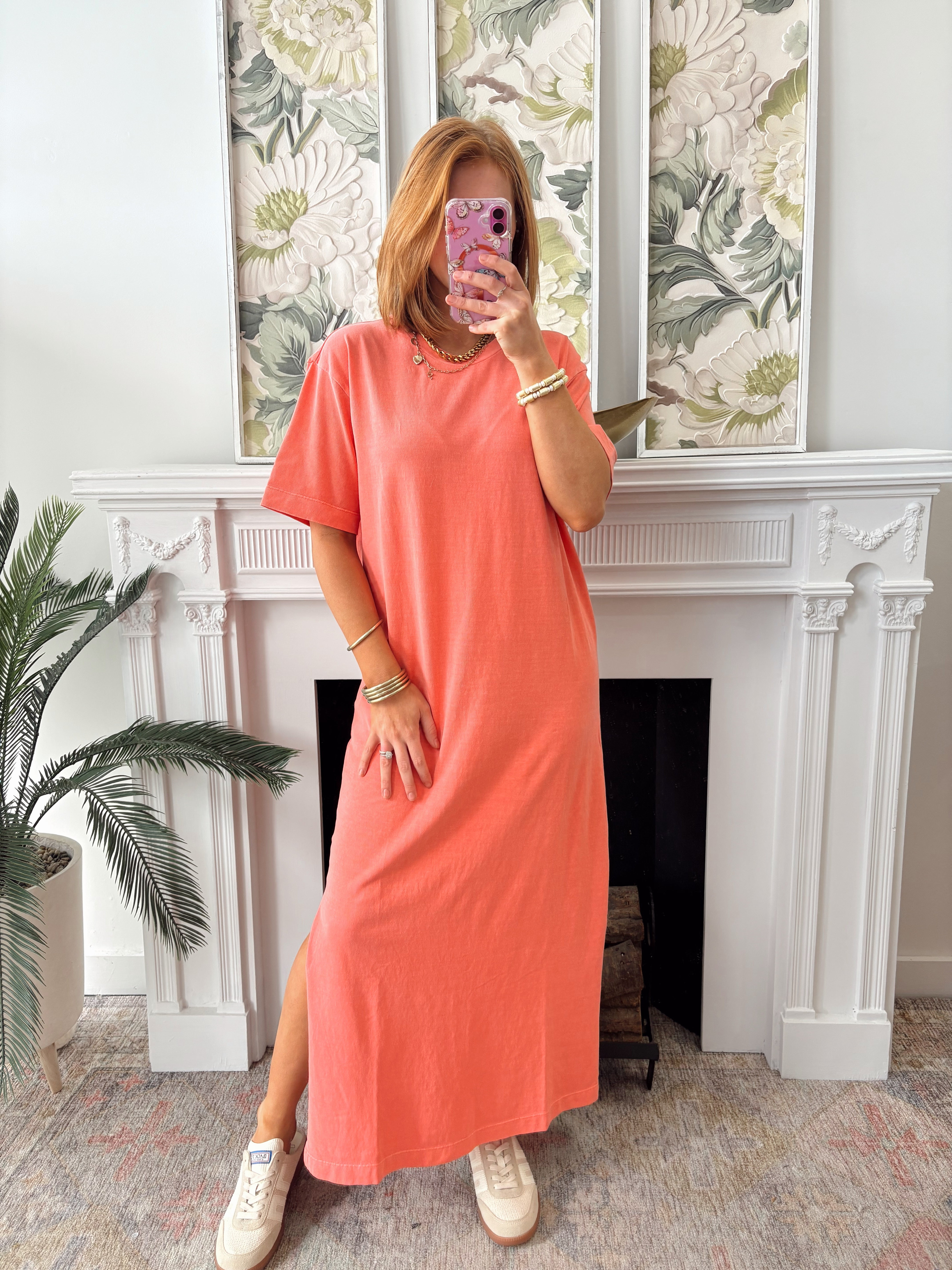 coral knit dress Coral Short Sleeve T-Shirt Maxi Knit Dress