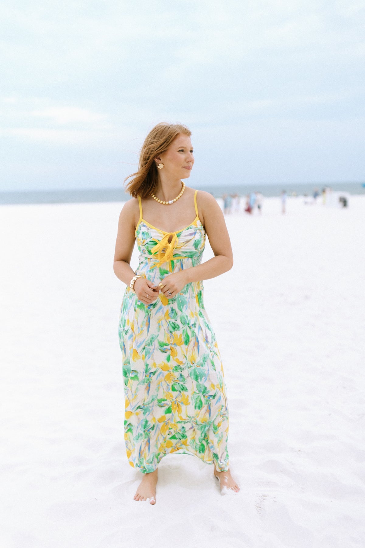 Entro Yellow Abstract Floral Print Ruching Accented High Empire Midi Dress