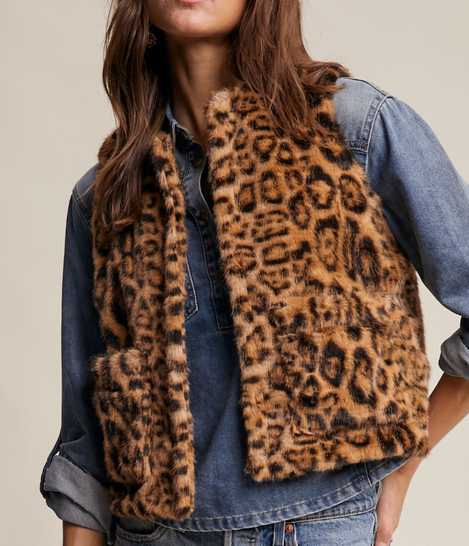 Camel Faux Fur Leopard Vest | Fly Boutique