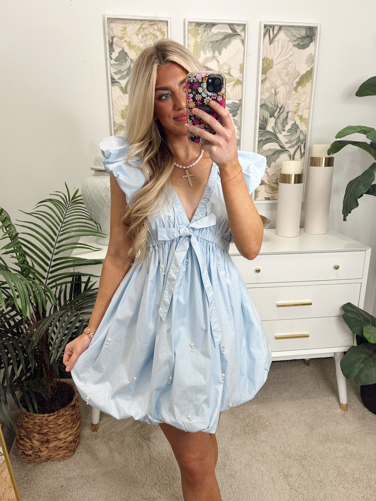 Light Blue Flutter Sleeve Pearl Detail Bubble Hem Dress | Fly Boutique