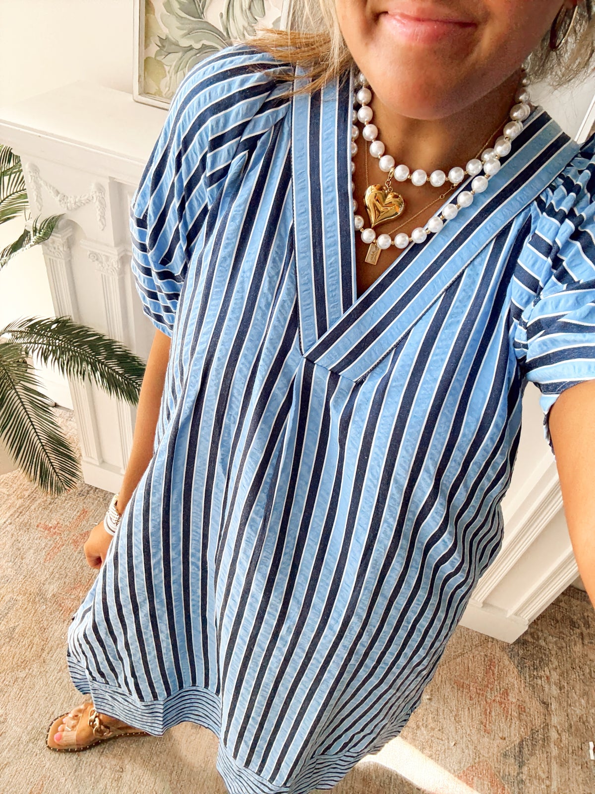 Entro Navy Blue Stripe Pattern Textured Pullover Midi Dress