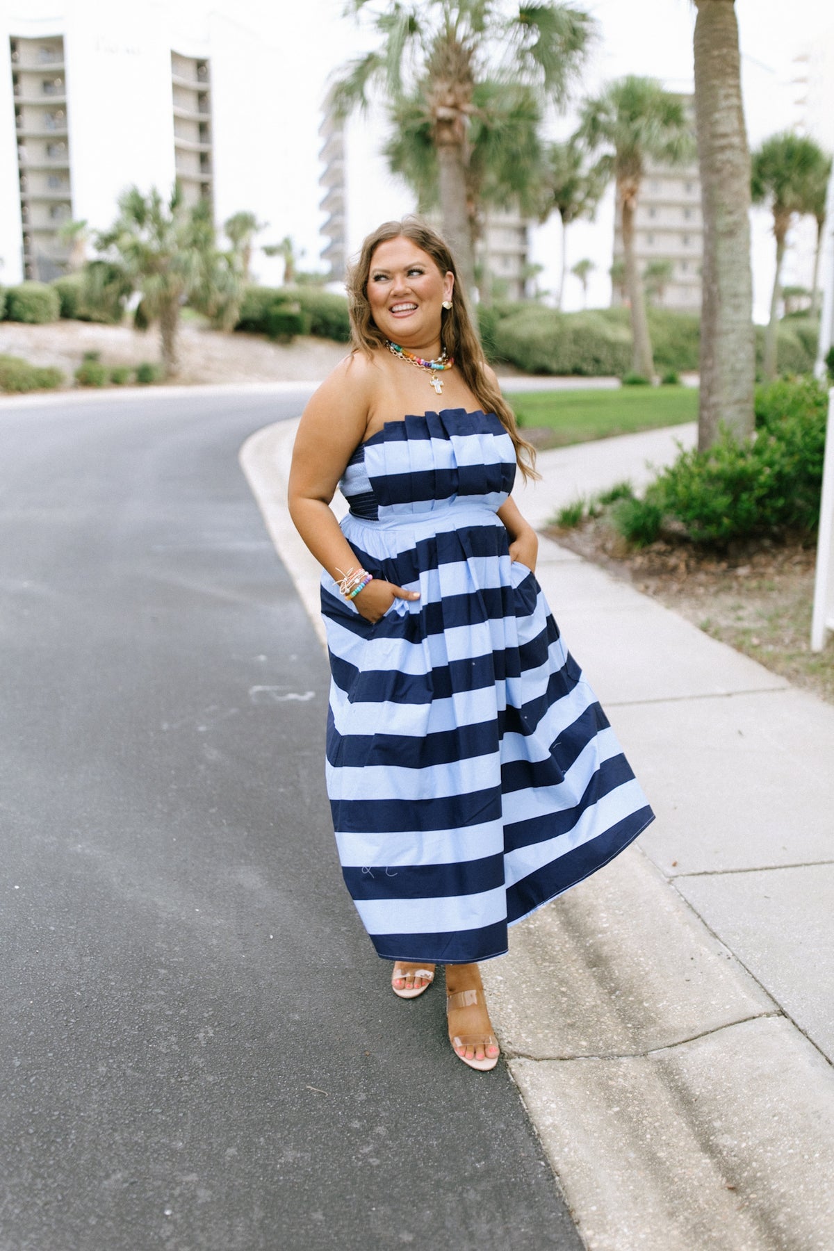 Entro Blue Stripe Print Strapless Pleated Midi Dress | Fly Boutique