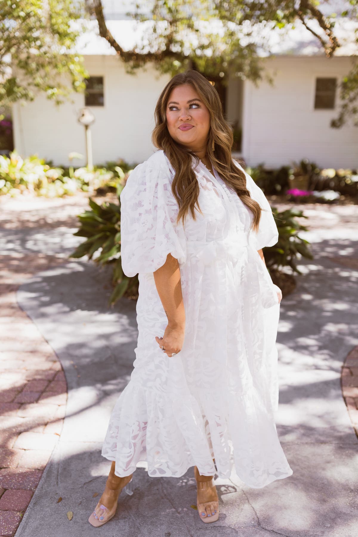 Beulah White Abstract Pattern On Mesh Belted Puff Midi Dress