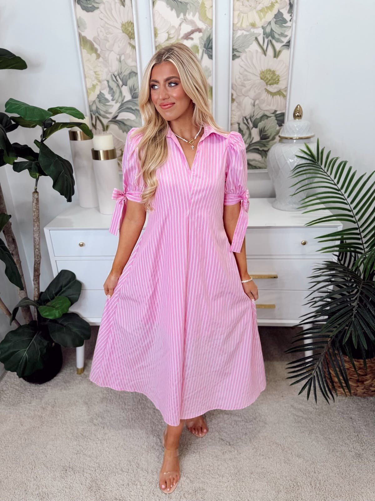 Entro Pink Collared Puff Sleeve Pinstripe Midi Dress | Fly Boutique Entro Pink Collared Puff Sleeve Pinstripe Midi Dress | Fly Boutique