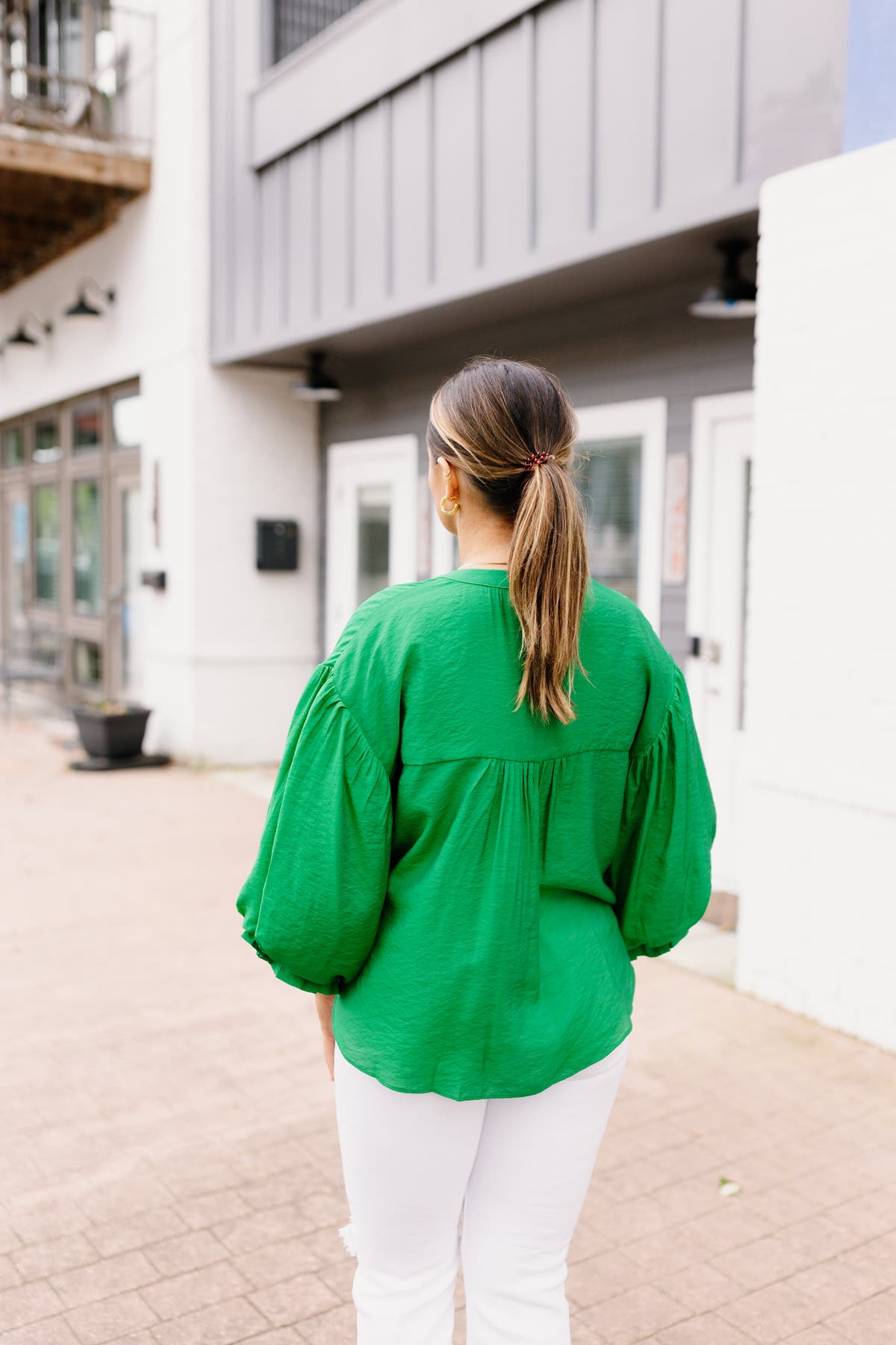Kelly Green Puff Sleeve Button Down Blouse | Fly Boutique