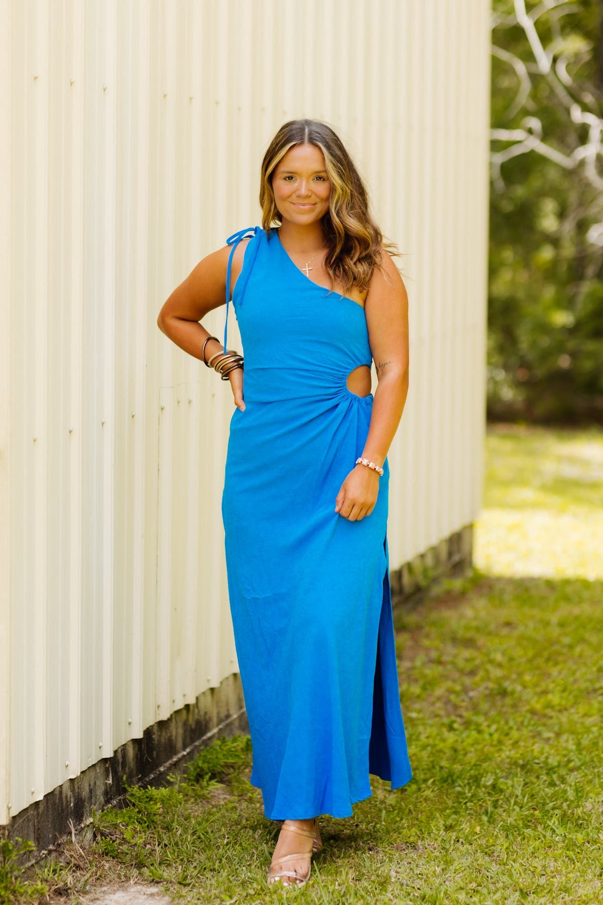 Cobalt Blue Ruched Cutout Tie Detail Maxi Dress