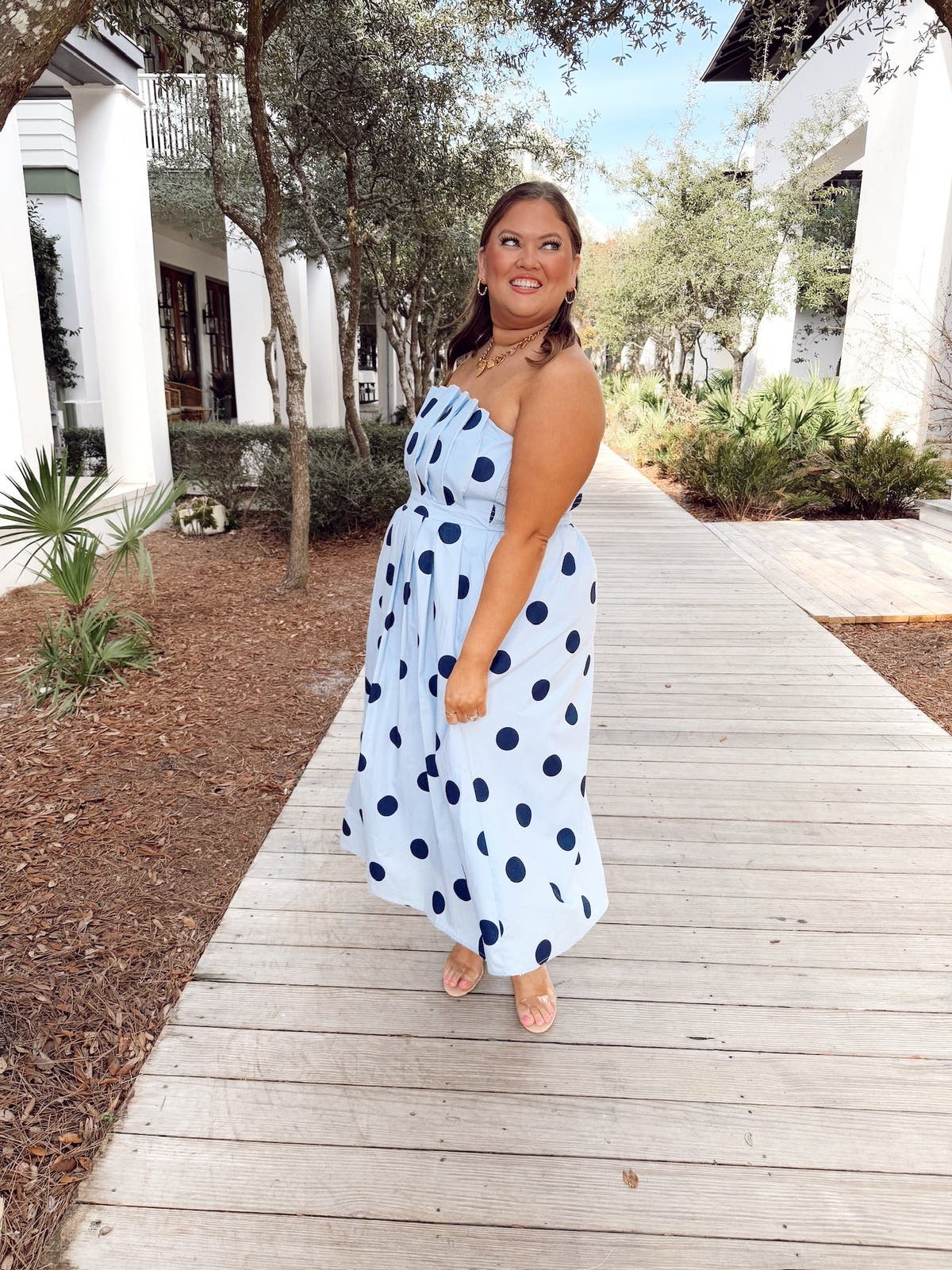 Entro Blue Strapless Polka Dot Midi Dress | Fly Boutique