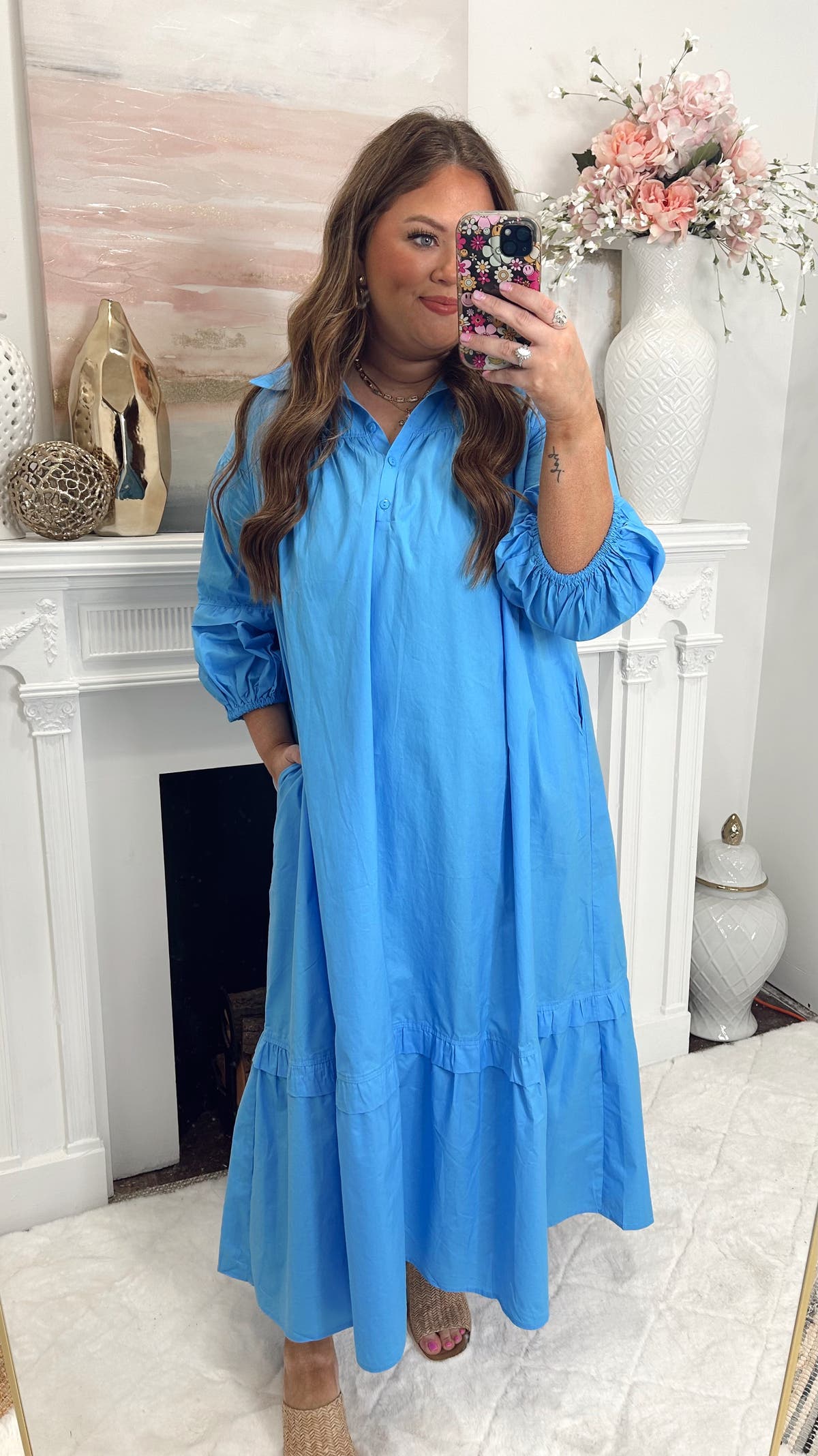 cornflower blue midi dress with sleeves Anewsta Blue Floral Midi Dress Women's Wedding Guest Cocktail Elegant Mandarin Collar Pleated Embellished Puff Sleeve A-Line High Waist Flar,XL