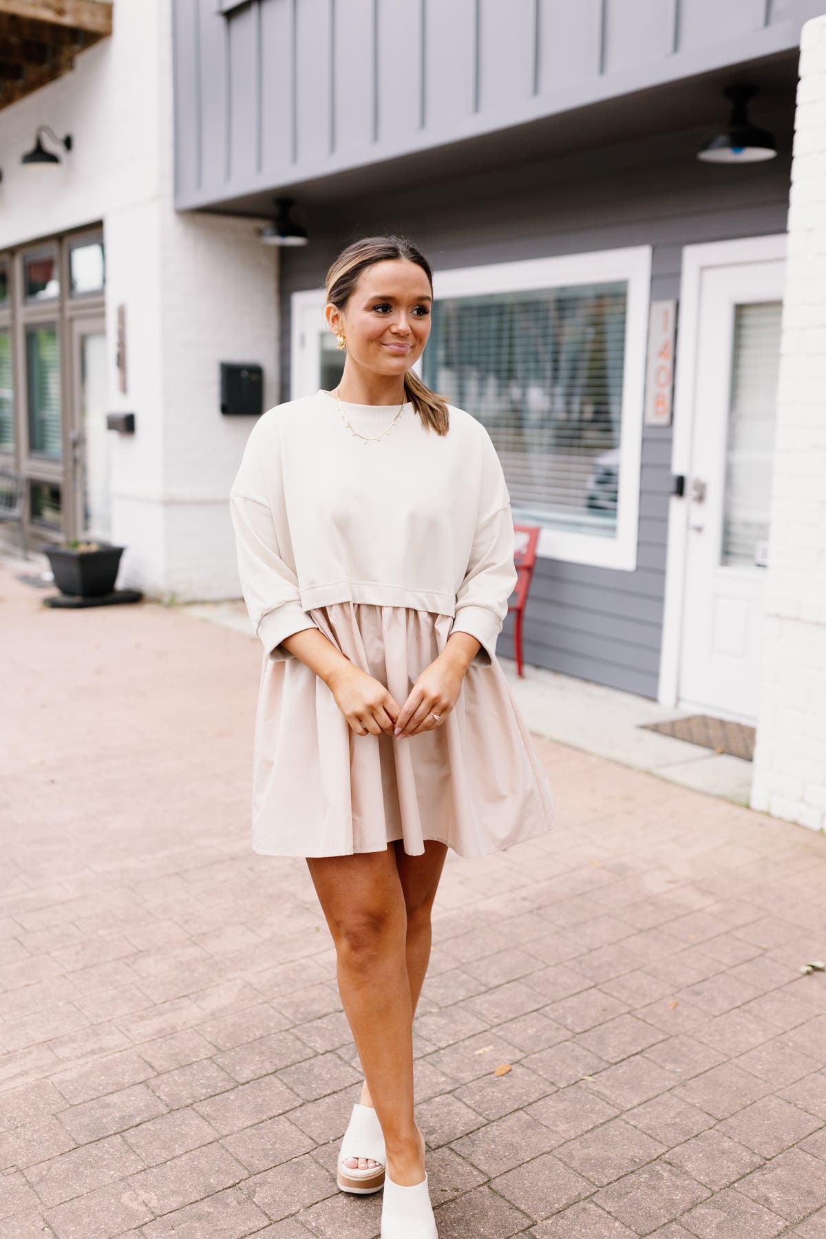 Beige Contrast Sweatshirt Dress
