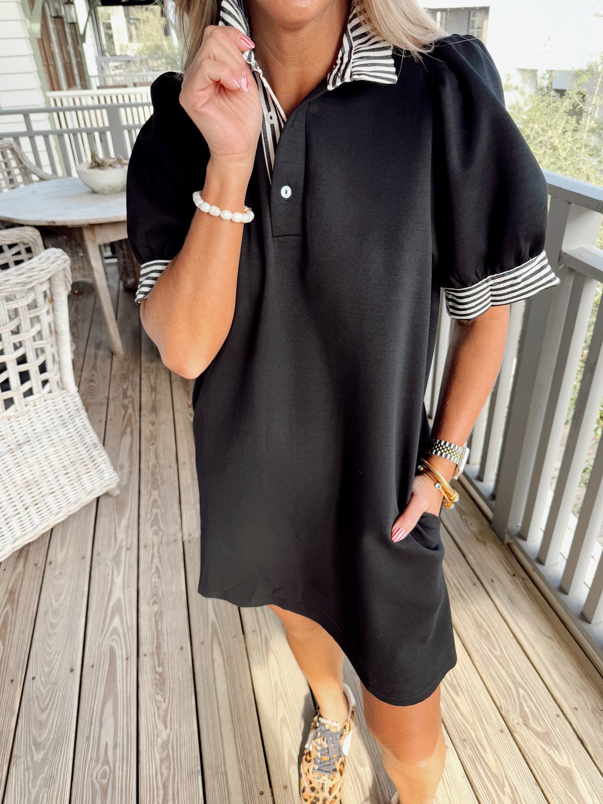 Entro Black Short Sleeve Striped Detail Mini Dress