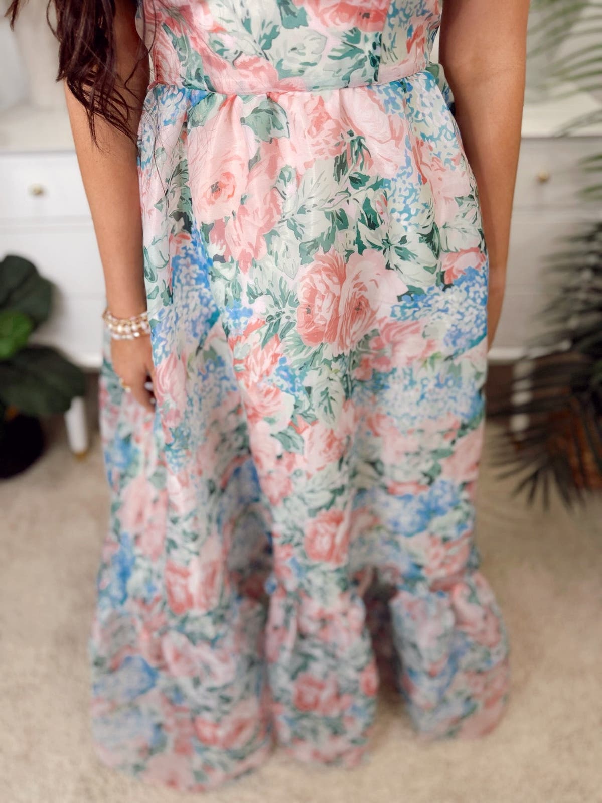 pink and blue floral maxi dress Loveshackfancy Rialto Blue Roan Floral Ruffled Maxi Dress