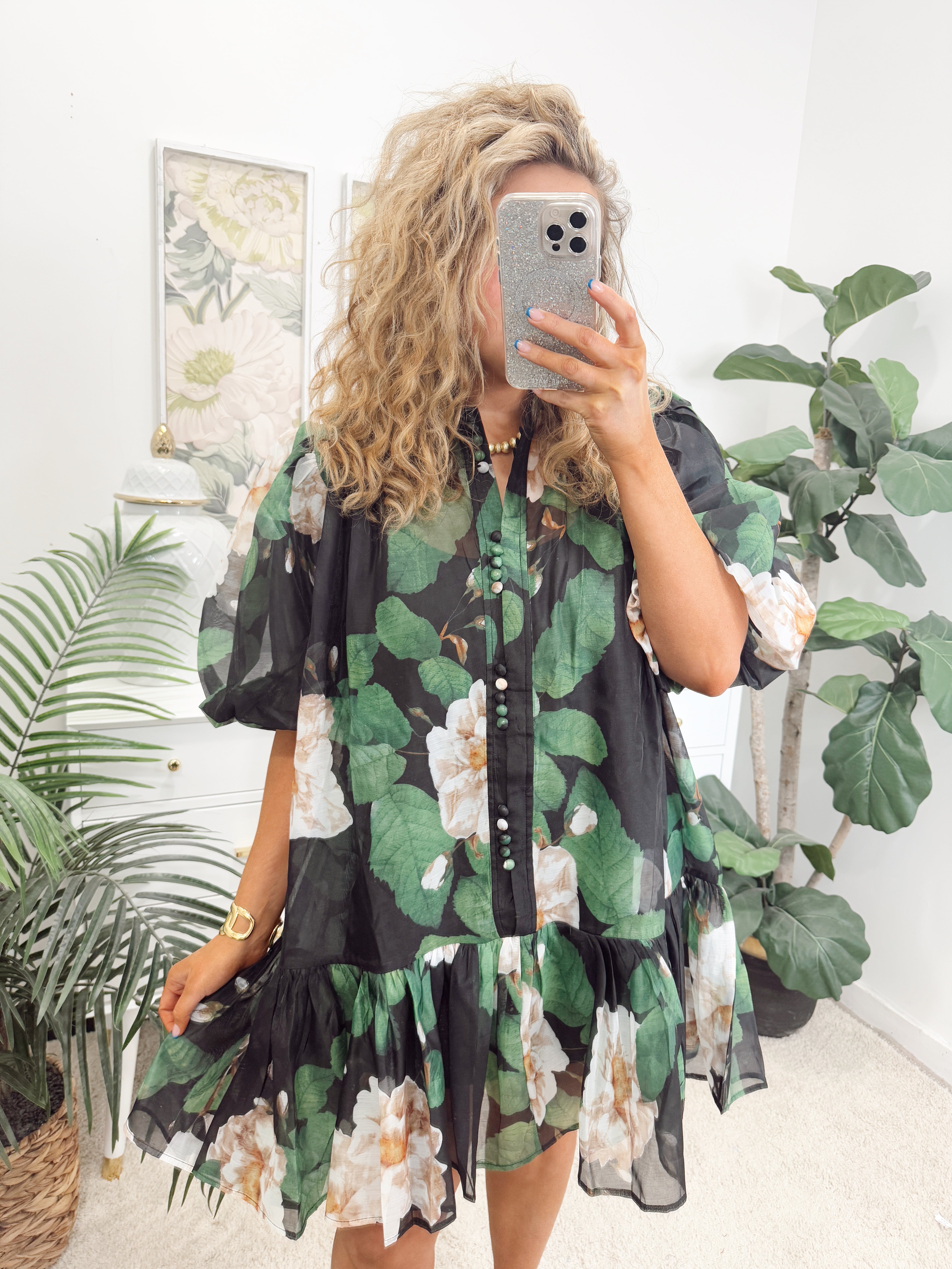 Beulah Black and Green Floral Organza Button Down Dress | Fly Boutique