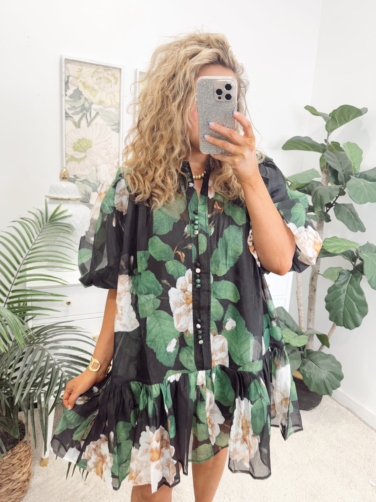 green dress with 20 buttons Rihoas French-Style Ditsy Floral Midi Dress main image 0